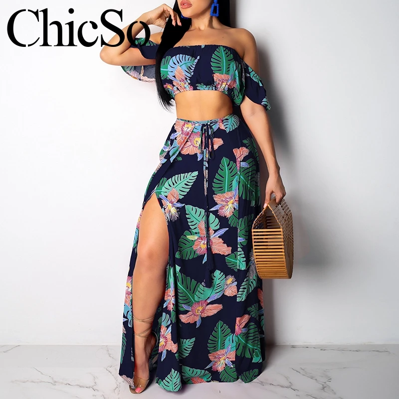 

MissyChilli Two-piece suit leaf printed off shoulde Red long dress sexy split women Maxi loose short sleeve beach dress summer