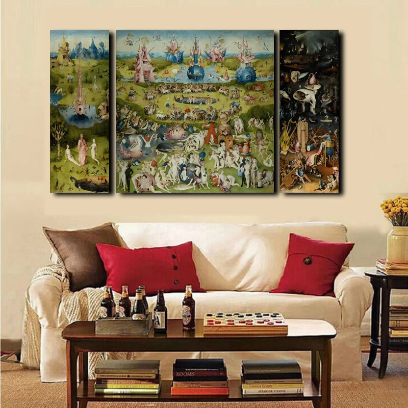 Billige 3 Stücke Leinwand Wandkunst Hieronymus Bosch Berühmte Öl malerei Garten von Irdischen Köstlichkeiten Drucke Auf Leinwand Home Decor