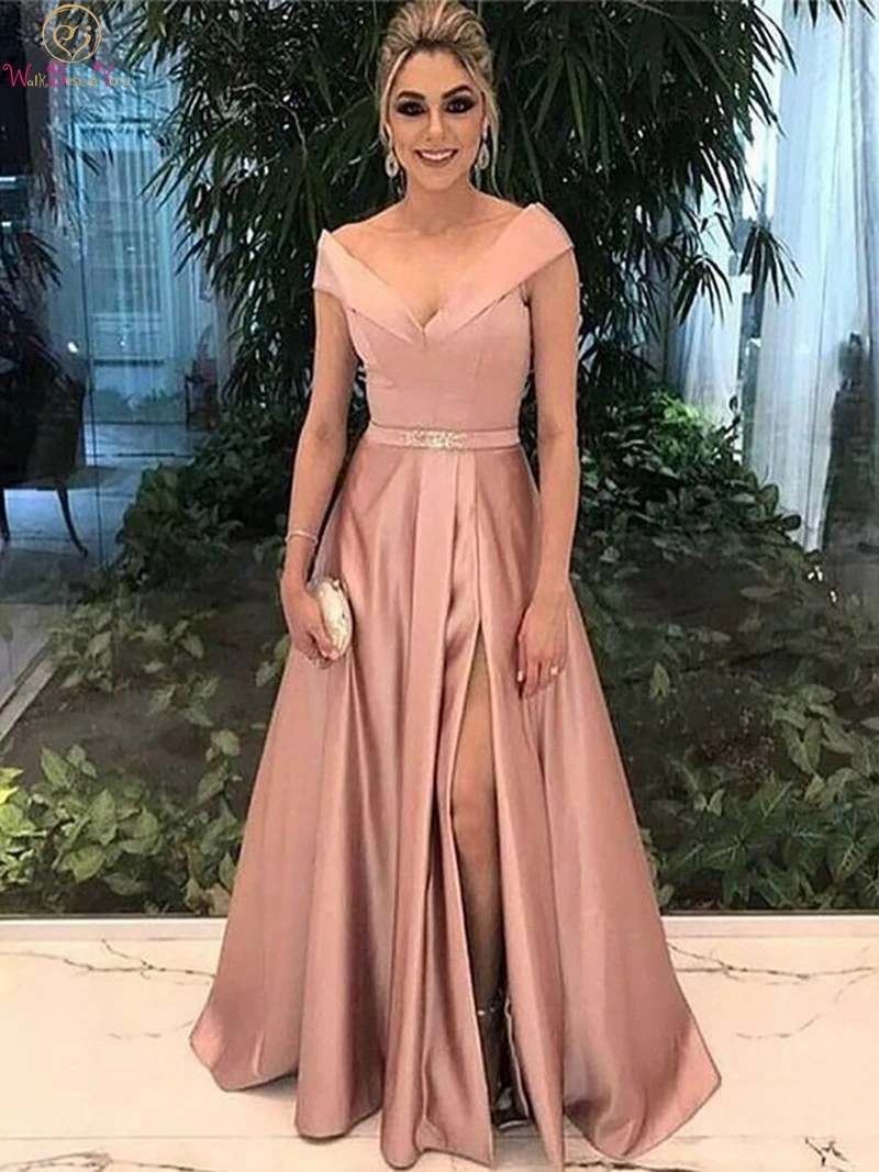 

Sexy V Neck Split Evening Dresses 2019 Elegant Off The Shoulder Pink A Line With Pretty Sashes Formal Party Prom Long abendkleid