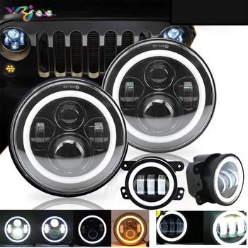 

7Inch LED Headlamps with Halo Ring Amber Turn Signal withFog Lights For lada niva 4x4 suzuki samurai 7Inch Headlights For VAZ 21