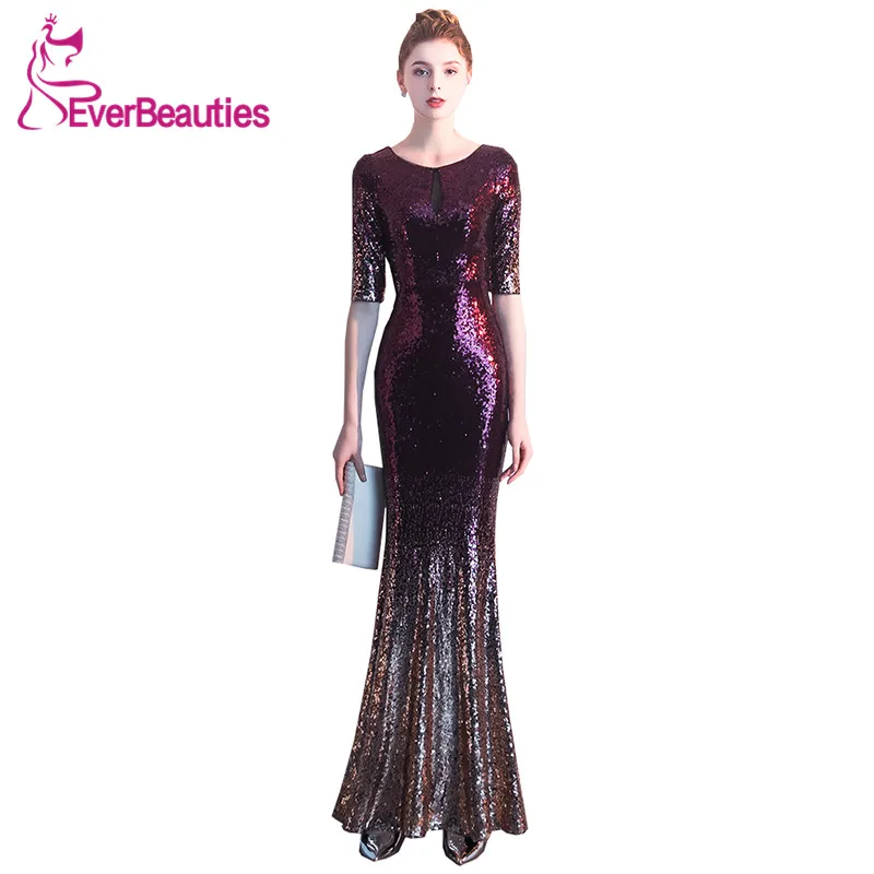 

Mermaid Evening Dresses Long 2019 Sequin Formal Dress Half Sleeves Abendkleider Robe De Soiree Elegant Evening Gown For Women