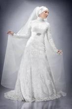 2016 Muslim Ivory Lace Wedding Dress With Hijab A Line Custom Made High Neck Dubai Abaya Kaftan Islamic Bridal Gown Long Sleeve