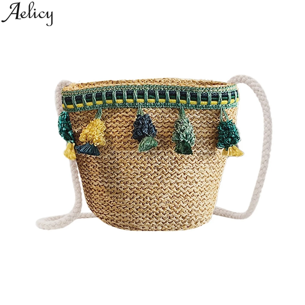 

Aelicy Children Open Weaving Bucket Bag Fashion Tassel Solid Shoulder Bag For Girls Designed Traveling Messenger Bag Hot Sales