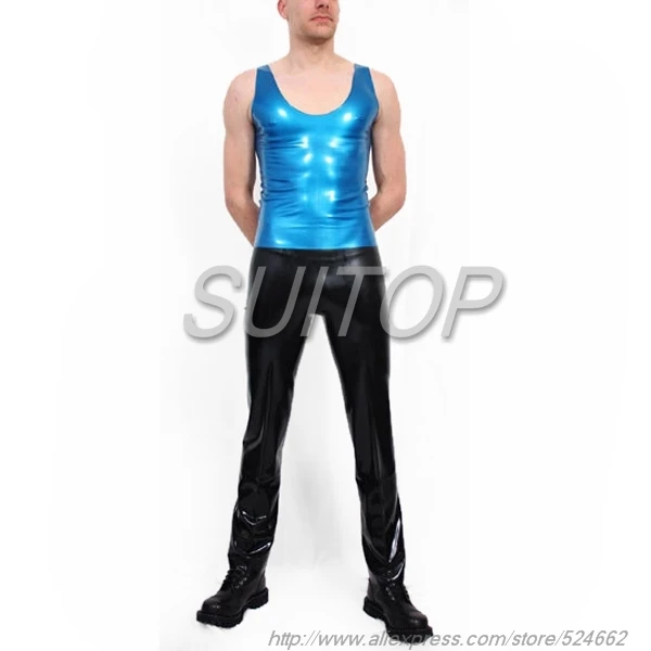 Men 's latex T-shirt Rubber Tee shirts top in Metallic blue vest Men 's latex T-shirt Rubber Tee shirts top in Metallic blue vest