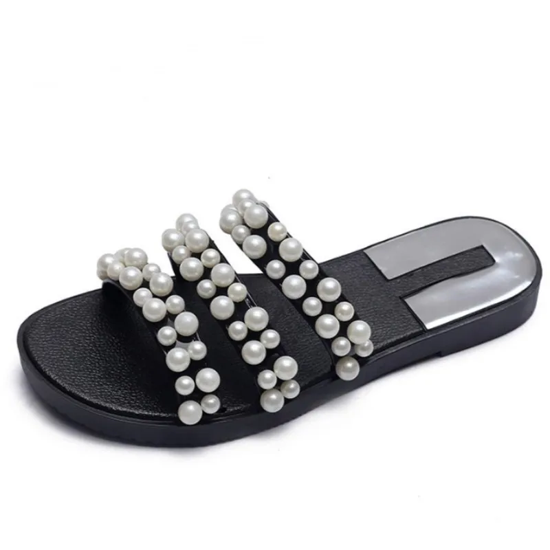 

2018 Summer Women Floor Soft Home Female Cute Pearl Slipper Flat Shoes Slides Comfortable Beach Slippers Flip Flops