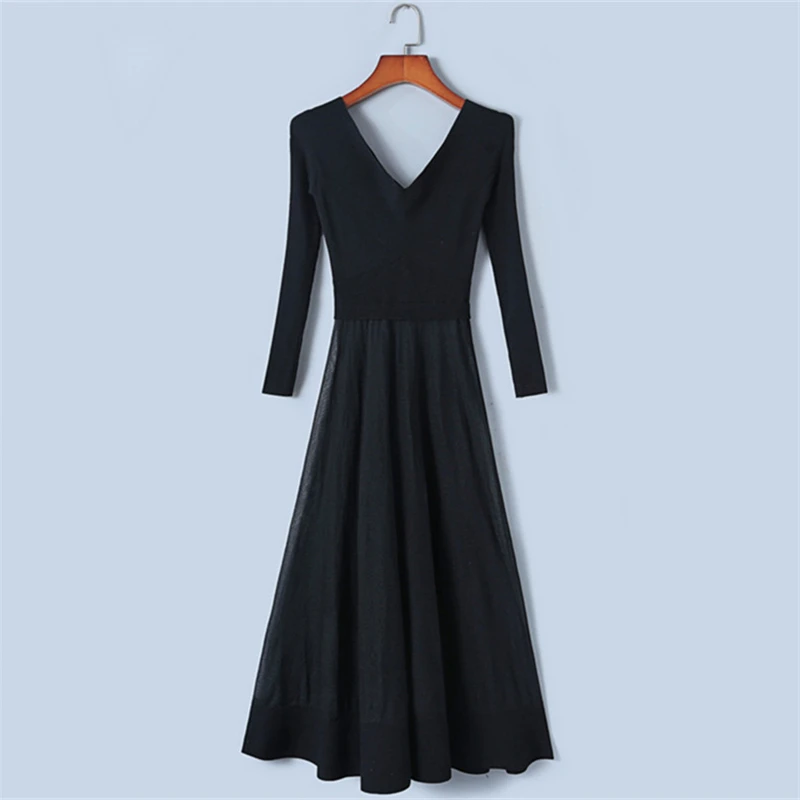 

Tunjuefs Slim Elegant See-Through Dress Runway Solid Robe 2019 New Spring Mesh Patchwork Dress Women Pullover Knit Vestido