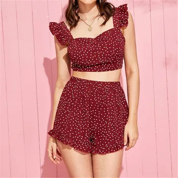 

Women Two-Piece Holiday Bandeau Crop Top Backless Shorts Set Summer Polka Dot 2Pcs Bandage Shirt Tops+Shorts Sweet Beach Outfits