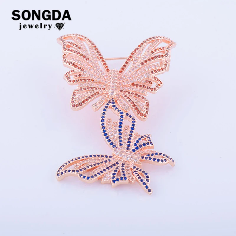 SONGDA Two Big Elegant Butterfly Brooches Inlay Colors Zircon Crystal