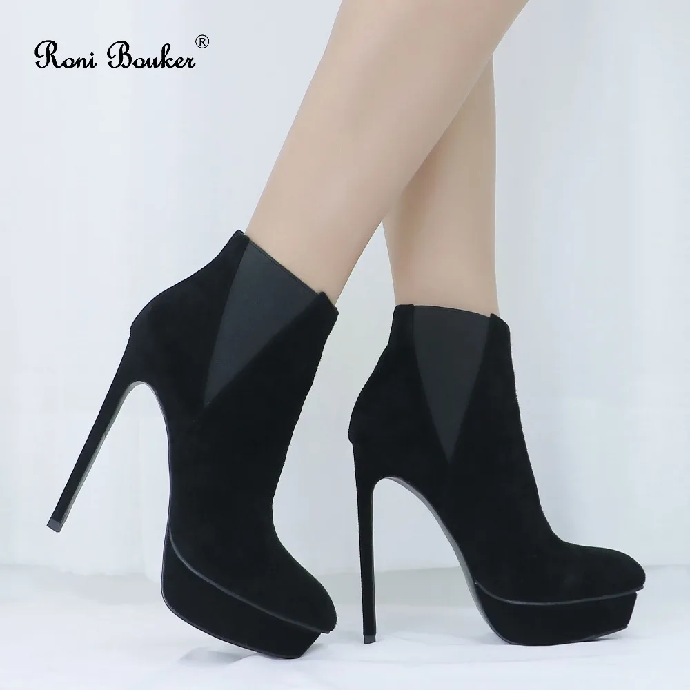 

Roni Fashion Female Genuine Suede Leather Stiletto Heels Women Slip-on Platform Thin Heel Shoes Big Size Sexy Black Ankle Boots