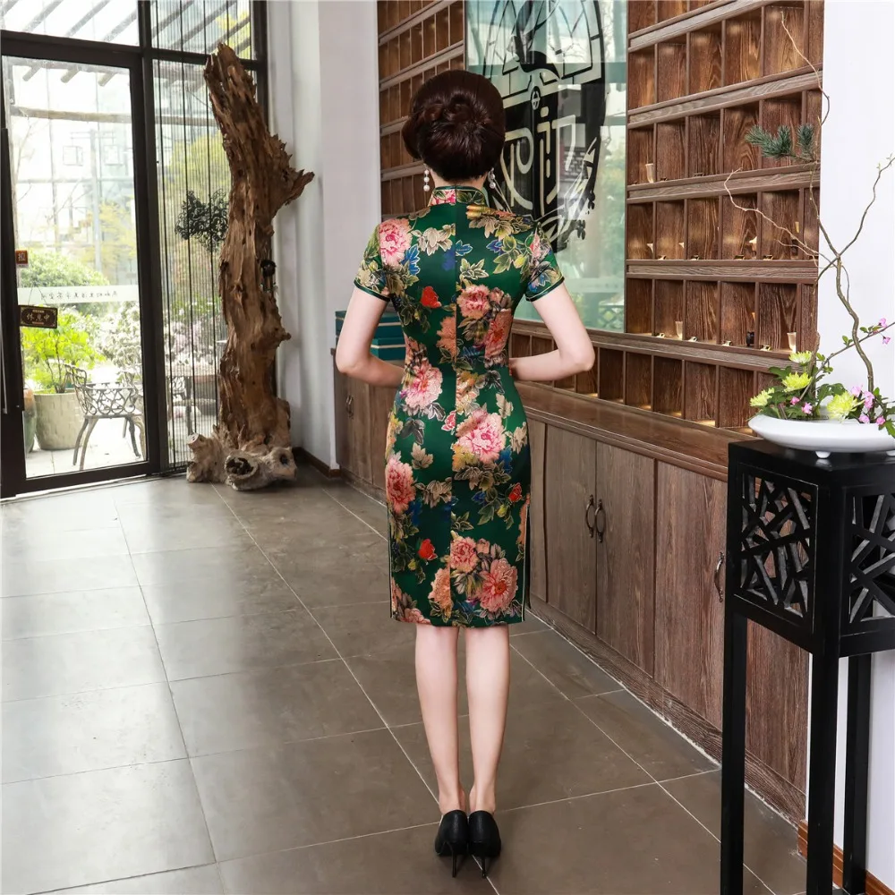 Шанхай история короткий рукав цветочный Qipao длиной до колена cheongsam платье китайский Восточный платья для женщин