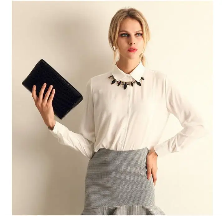 

Lossky Women Tops Blouses Elegant Long Sleeve Solid V-Neck Chiffon Blouse Female Work Wear Shirts Blouse Plus Size