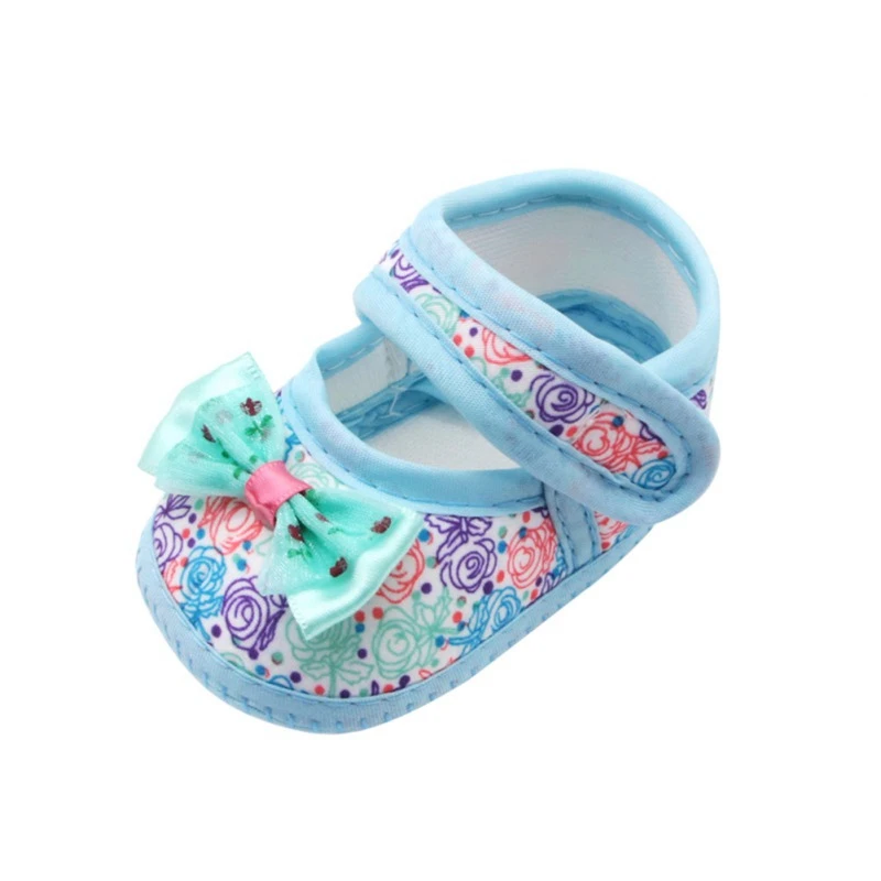 Лоферы с принтом розы для маленьких девочек; обувь с бантом; нескользящая Повседневная обувь; обувь для младенцев - Цвет: blue