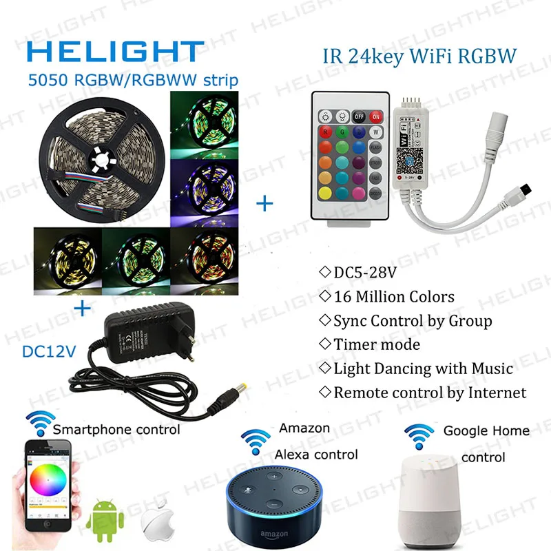 

Wifi RGBW/WW Music controller Syc control By Amazon Alexa Google Home Smart Phone+5050 RGBW/WW led Strip+Power full set