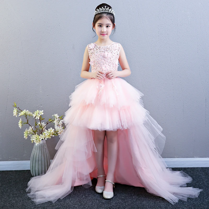 

Detachable Long Trailing Flower Girl Dresses for Wedding Layered Princess Birthday Dress Ball Gown Lace Up Evening Dress B195