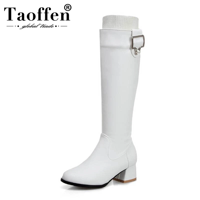 

TAOFFEN Winter Black White Boots Woman Daily Office Work Warm Knee High Boots Buckle Bead Square Heels Botas Footwear Size 31-44
