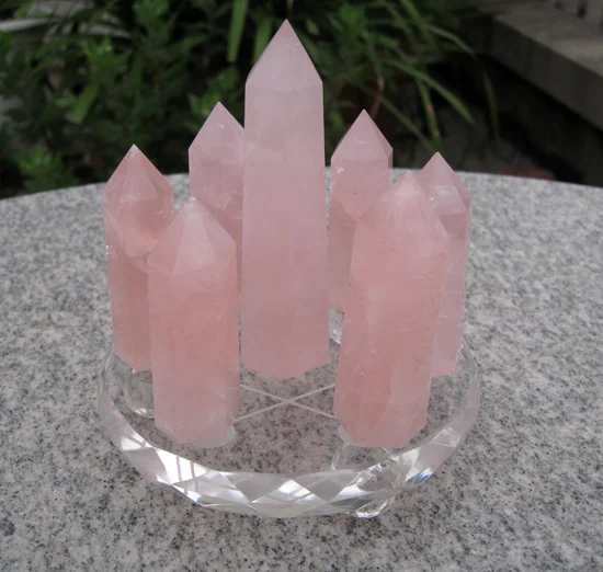 

7 TOP !!! NATURAL pink rose QUARTZ CRYSTAL POINT HEALING + STAND 535g