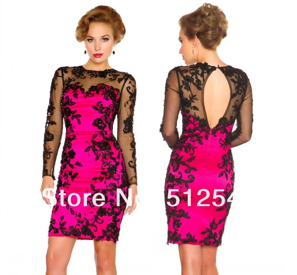 

Best selling Long sleeves Sheer Short Homecoming Dresses Crew Neck Mini Sheath Beads Satin Lace yk-8C05