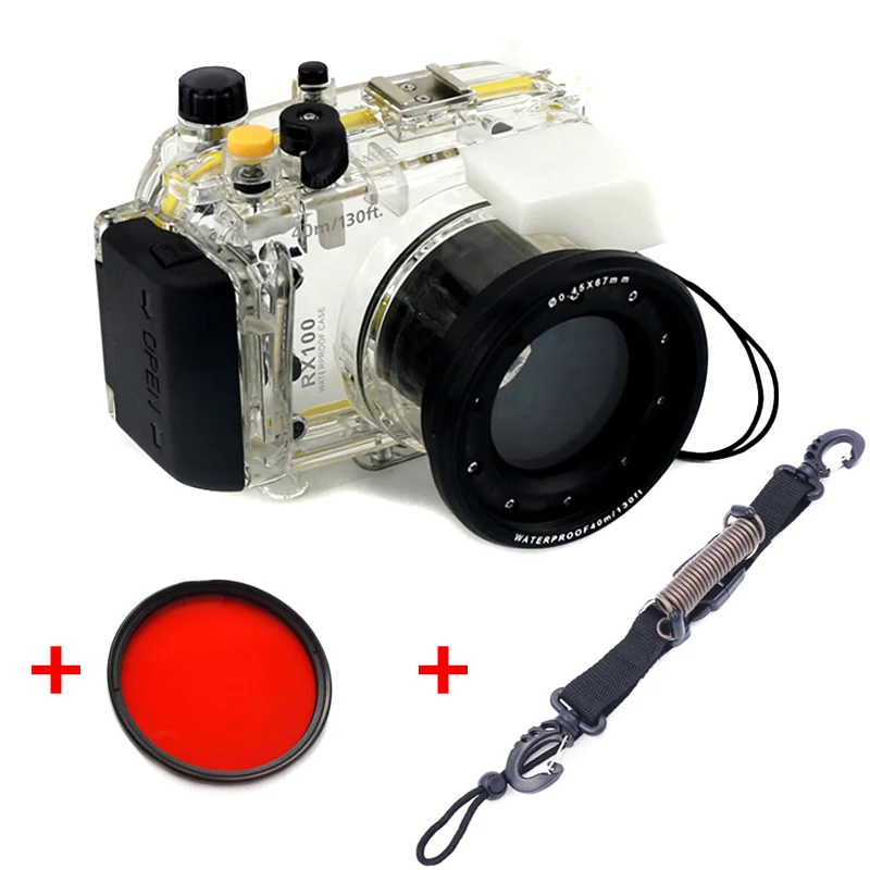 

Waterproof Camera Dive Housing Underwater Case for Sony RX100 Camera With Red filter and Quick Release Coil Lanyard