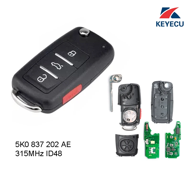 KEYECU Replacement Flip Remote Key Fob 315MHz ID48 for Volkswagen