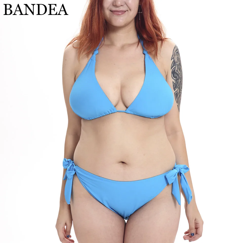 Bandea Blue Solid Triangle Bikini Swimwear Knotted Halter High Waist Women Classic Bikini Set