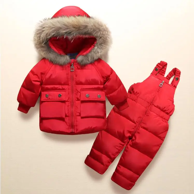 Зимняя одежда для детей, зимний комбинезон для девочек и мальчиков, теплые штаны на подтяжках куртка для маленьких мальчиков пуховое пальто Детская верхняя одежда с капюшоном и натуральным мехом - Цвет: Красный