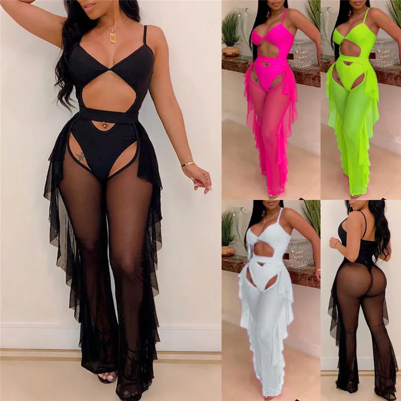 Sexy Women Ruffles See Through Sheer Mesh Bikini Pants Cover Up Long Pants Swimwear Beachwear Swimsuit Tankini Hot Sale