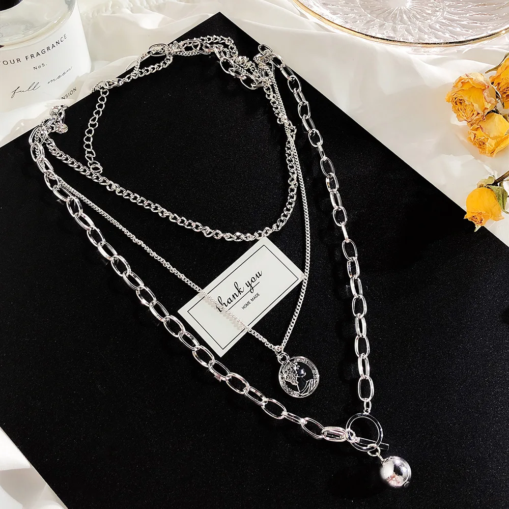 

2019 Fashion Personality Hip Hop Jewelry Long Section Multi Layer Round Necklace New Metal Clavicle Chain Women Holiday Gift