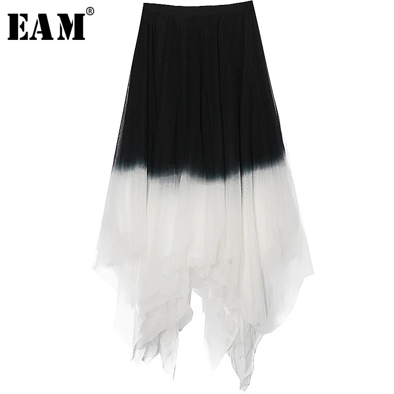 

[EAM] 2019 New Spring Autumn High Elastic Waist Spliced Mesh Pleated Irregular Hem Half-body Skirt Women Fashion Tide JY512