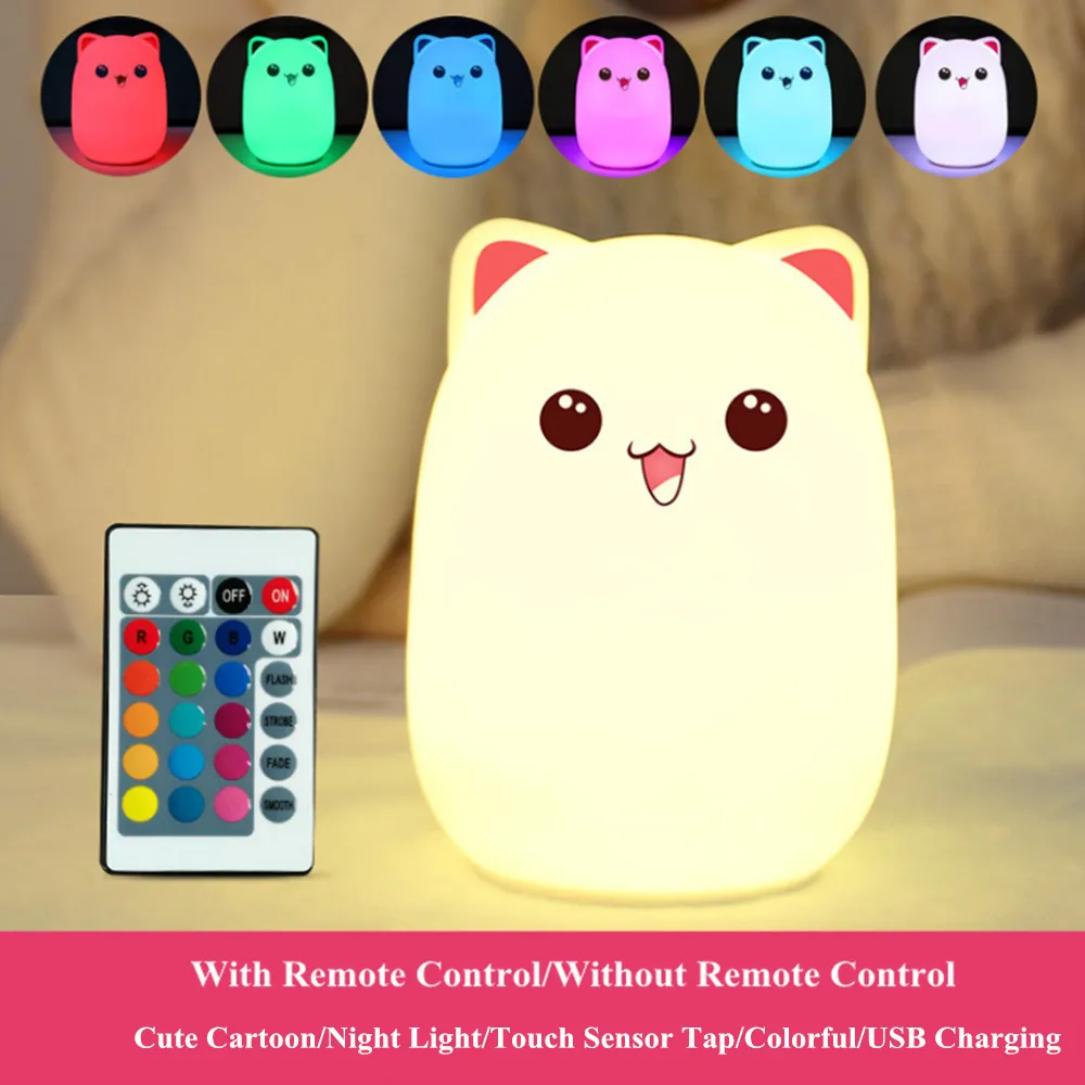 

SuperNight Cat LED Night Light Remote Touch Sensor Colorful Cartoon Silicone USB Bedside Lamp for Children Kids Baby Sleeping