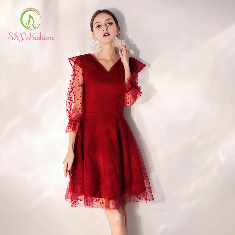 SSYfashion V-Neck 3/4 Sleeves Zipper Back Above Knee Mini Red Cocktail Dress Custom Party Prom Short Vestido De Coctel | Свадьбы и