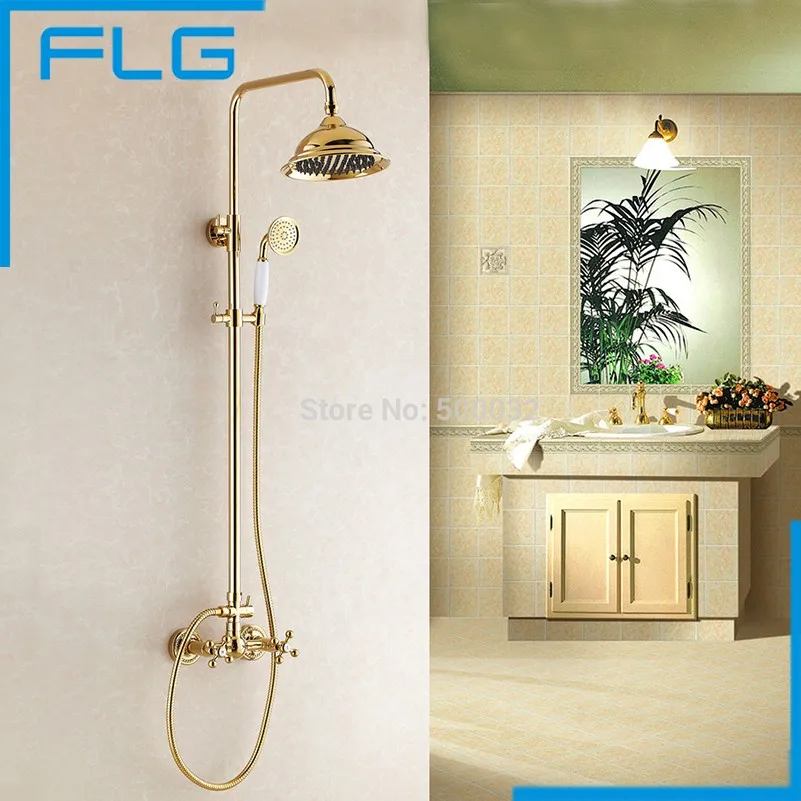 

NEW Luxury Tub & Shower Faucet Set Dual Handle 8" Rain Shower Head With Slide Bar Gold Finished Mixer Tap