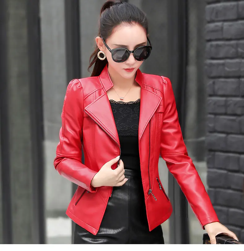 Размера плюс XS 6XL мотоциклетная кожаная женская куртка на молнии черная красная искусственная кожа короткое пальто осеннее тонкое женское пальто H59 - Цвет: Red
