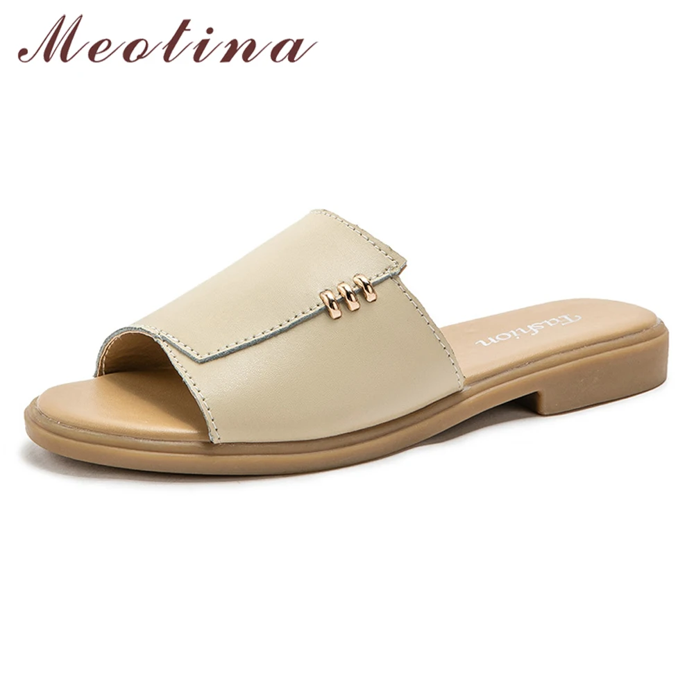 

Meotina Women Shoes Summer Slides Cow Leather Metal Decoration Flat Casual Shoes Open Toe Slippers Lady Sandals Size 5-9.5