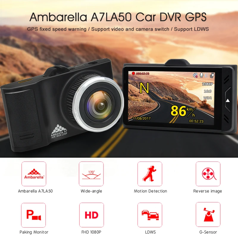 Junsun a795 Автомобильные видеорегистраторы GPS Камера 2 в 1 LDWS SpeedCam Ambarella a7la50 Full HD 1296 P
