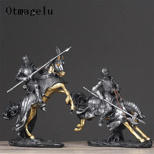 Cheap Fashion European Vintage Roman Soldier Cavalry Figurines Miniatures Living Room Warrior Statue Home Decor Artificial Ornament