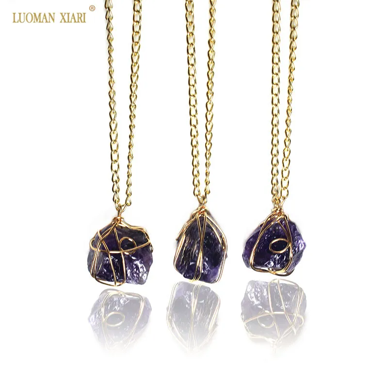 

1 Pcs Trendy Natural Amethysts Necklace Irregular Design Stone Golden Link Chain Quartz Pendant Necklace For Women Girls Gift