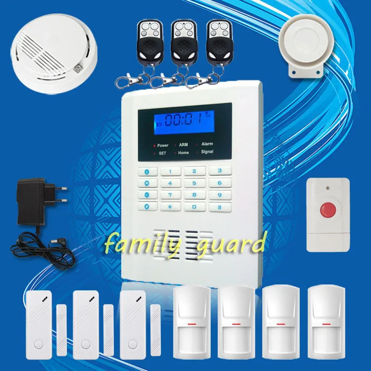 Free Shipping!99 wireless zone and 2 wired Quad-Band LCD home security PSTN GSM alarm system+Smoke Sensor+Panic Button+new PIR