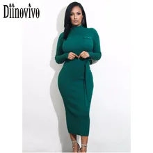 High Neck Femme Knitted Sexy Dress With Pocket Long Sleeve Belted Ribbed Bodycon Sweater Dresses Women
