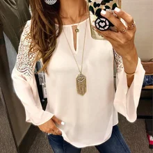 5XL Women Blouses Chiffon Lace Patchwork Flare Sleeve Blusas Work Shirts Womens White Blouse Plus Size Female Autumn Tops 4XL 5XL Women Blouses Chiffon Lace Patchwork Flare Sleeve Blusas Work Shirts Womens White Blouse Plus Size Female Autumn Tops 4XL