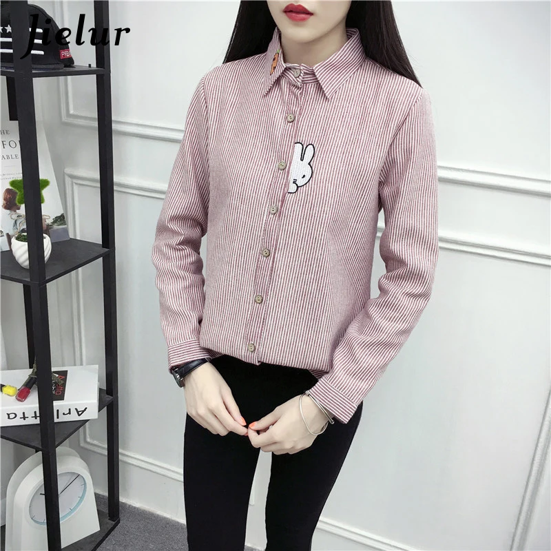Jielur Shirt Women Korean Autumn Shirts Cute Rabbit Printed Female Long Sleeve Blouse Ladies Tops Blouses Blusas Mujer Thick
