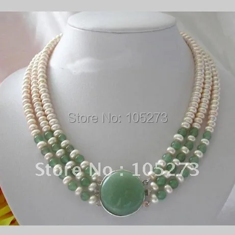 Потрясающие 3 ряда AA7-8MM круглый белый пресноводный жемчуг ожерелье жемчужные украшения хороший подарок