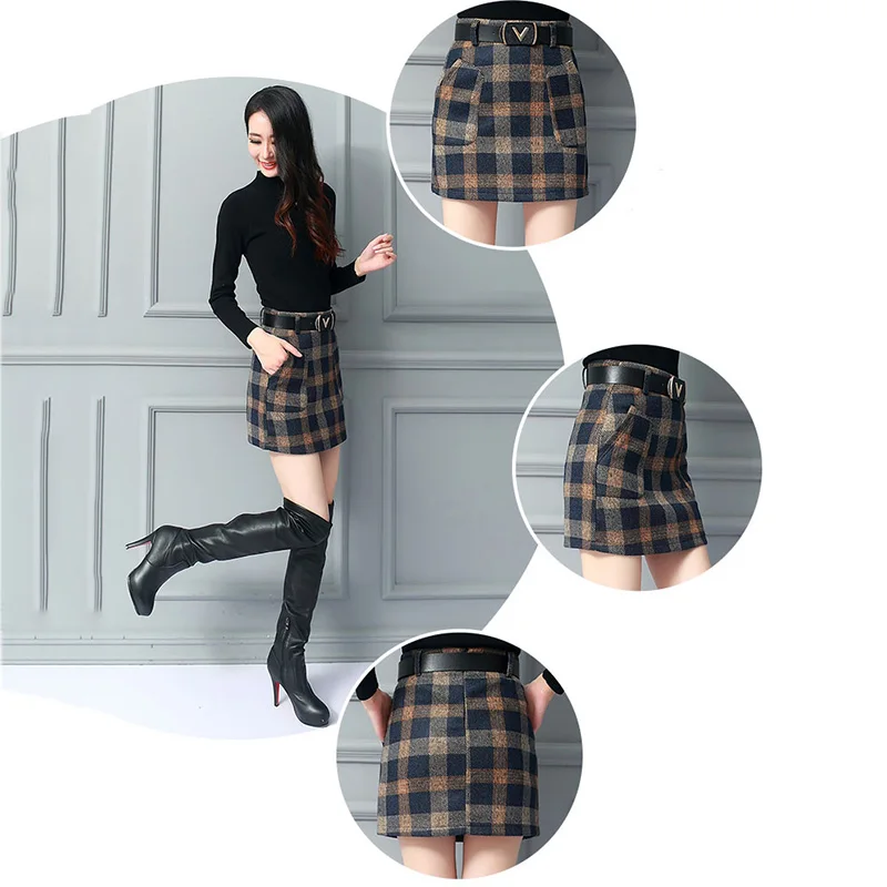 Осенне-зимняя шерстяная короткая юбка, новая модная клетчатая юбка с высокой талией, большой размер, шерстяная женская одежда DD517