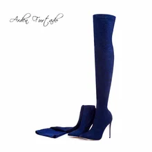 Arden Furtado/ г., зимние женские синие сапоги выше колена, сапоги до бедра шикарные пикантные сапоги на высоком каблуке, расшитые блестками, без шнуровки