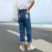 Уличная одежда, джинсы для женщин,, корейские, повседневные, с мультяшным рисунком, с потертостями, высокая талия, прямые, джинсовые штаны, черные, синие, B180