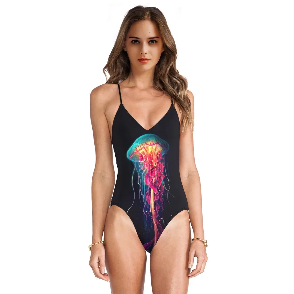Black One Piece Women Swimsuit Backless Swimwear Jellyfish Print