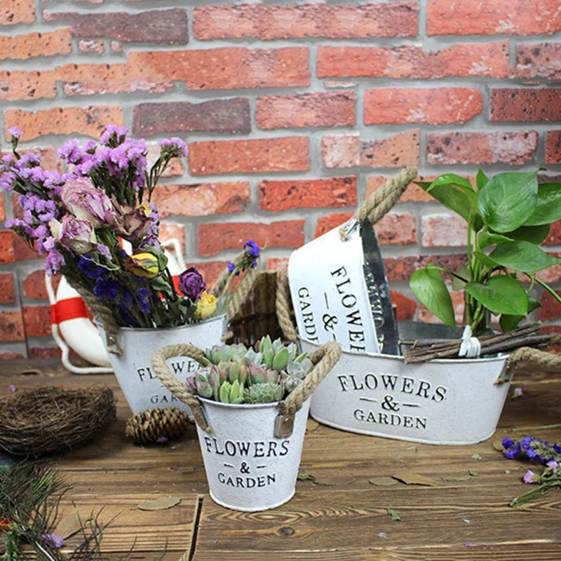 2019 New Small Metal Buckets Planters Flower Decorative Vases With Rope Handles