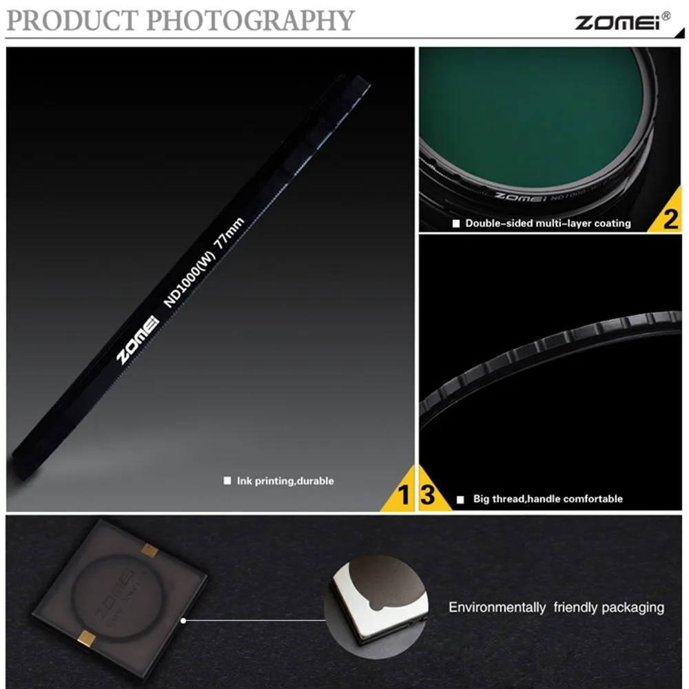 ZOMEI оптический Стекло 10-STOP 52/58/67/72/77/82 мм ультратонкая оправа HD мультипросветление с двух сторон набор УФ-фильтров с нейтральной плотностью ND1000 фильтр для цифровых однообъективных зеркальных камер и однообъективных зеркальных камер