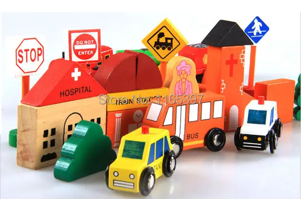 

Freeship 1 set children kids Wooden city traffic building block colorful educational mind finger practice learning toy