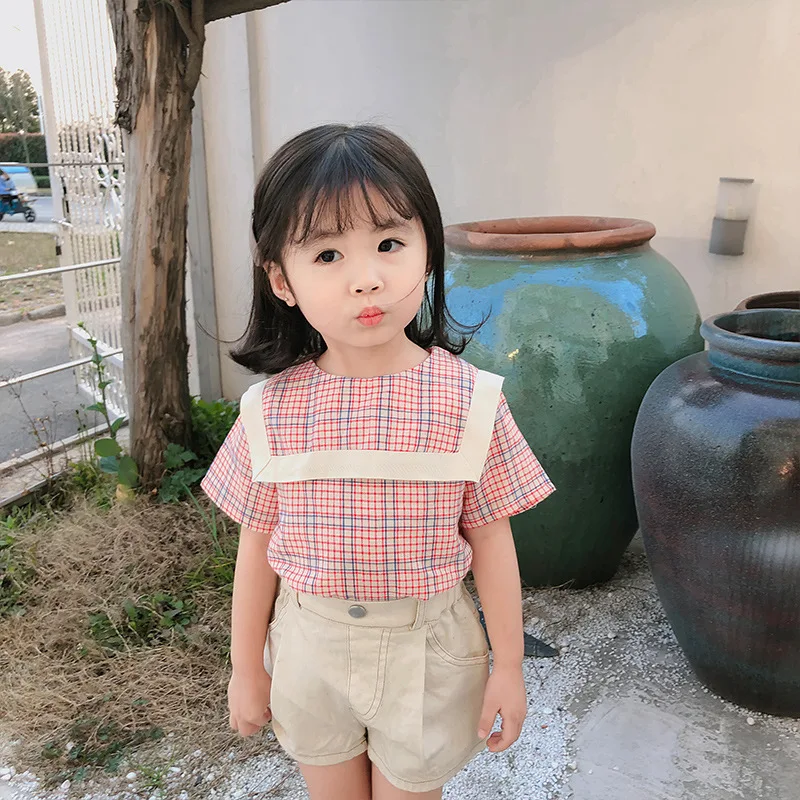 

2019 Summer new items Korean Style Baby Girls Plaid Blouses Cotton Sailor Collar Tops Short Sleeve Kids Clothes Children Shirts