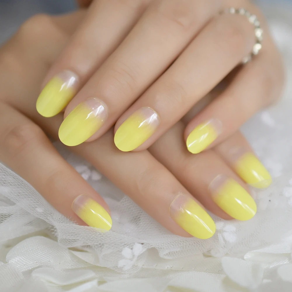  Gradient Lemon Yellow French False Nails Acrylic Artificial Press on Nails Tips Round-head Pattern 